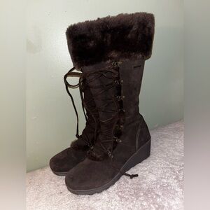 BearPaw Minka Dark Brown Faux Fur Lace-Up Wedge Winter Boots